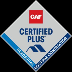 Diamond-shaped certification badge: gray interior, blue border, red GAF square at top, and large blue 'CERTIFIED' text below on black background.
